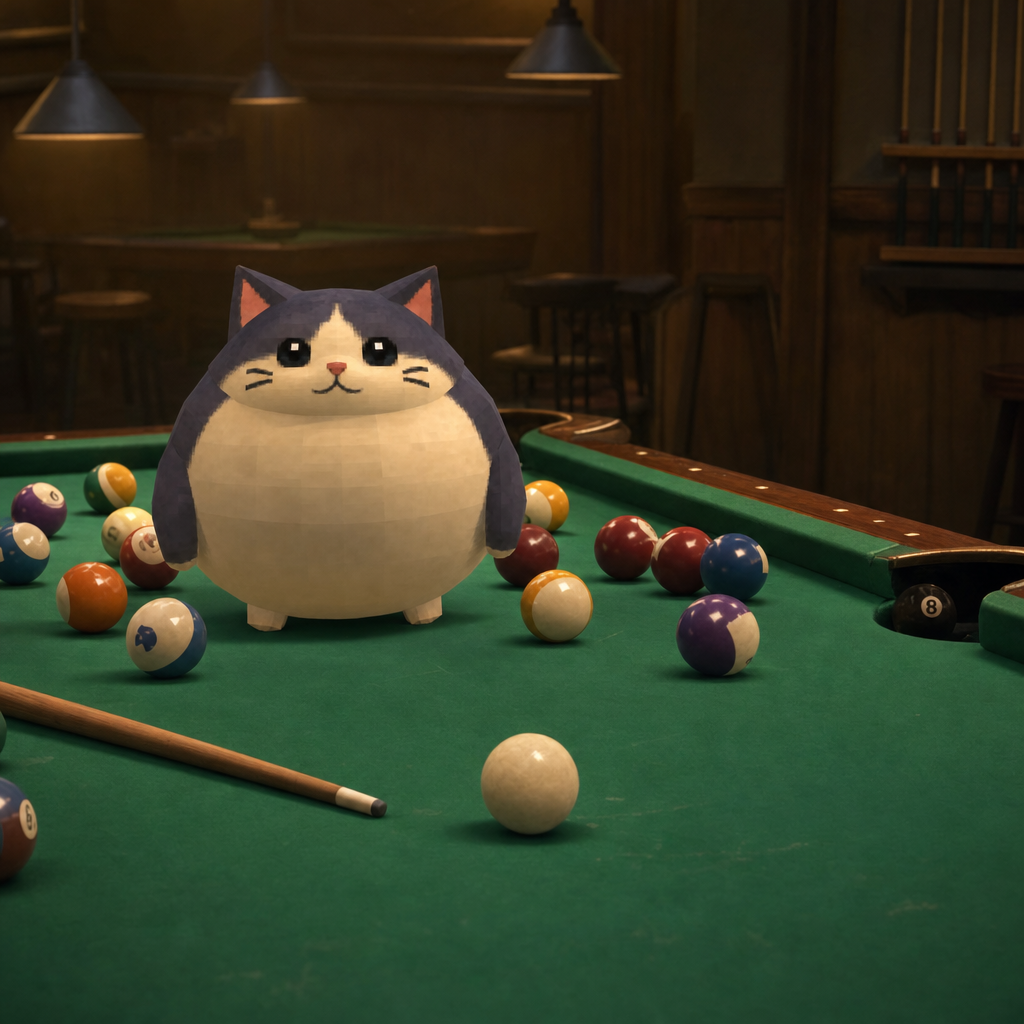 Pool Cat standing on a pool table among scattered balls, a cue at his side and the eight ball by a corner pocket